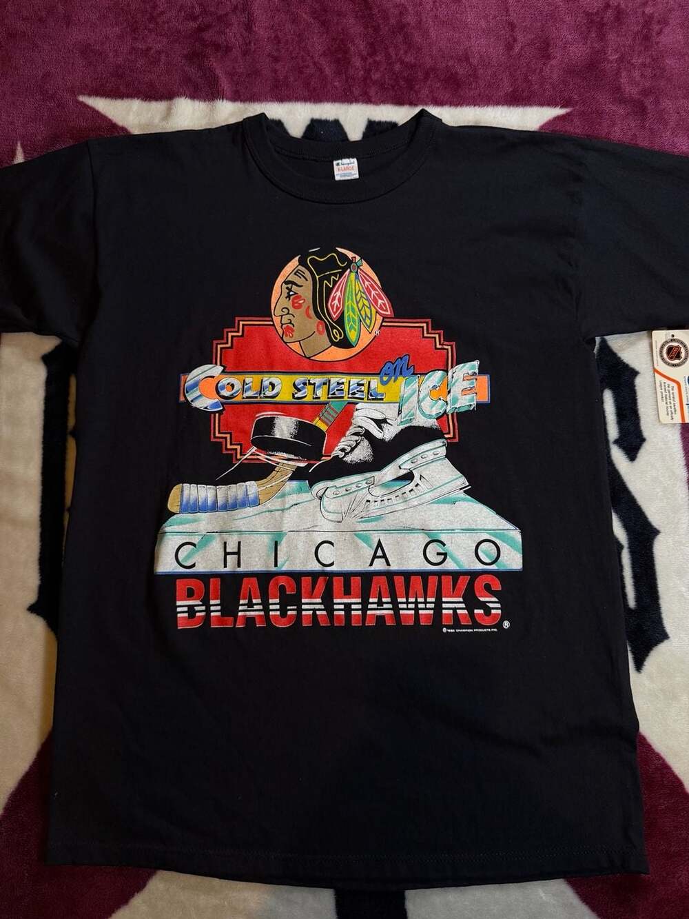 Vintage 1990 Champion Chicago Blackhawks Cold Steel on Ice Graphic T-Shirt